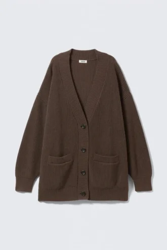 Cárdigan oversize de punto de algodón con cuello en V – Marrón oscuro