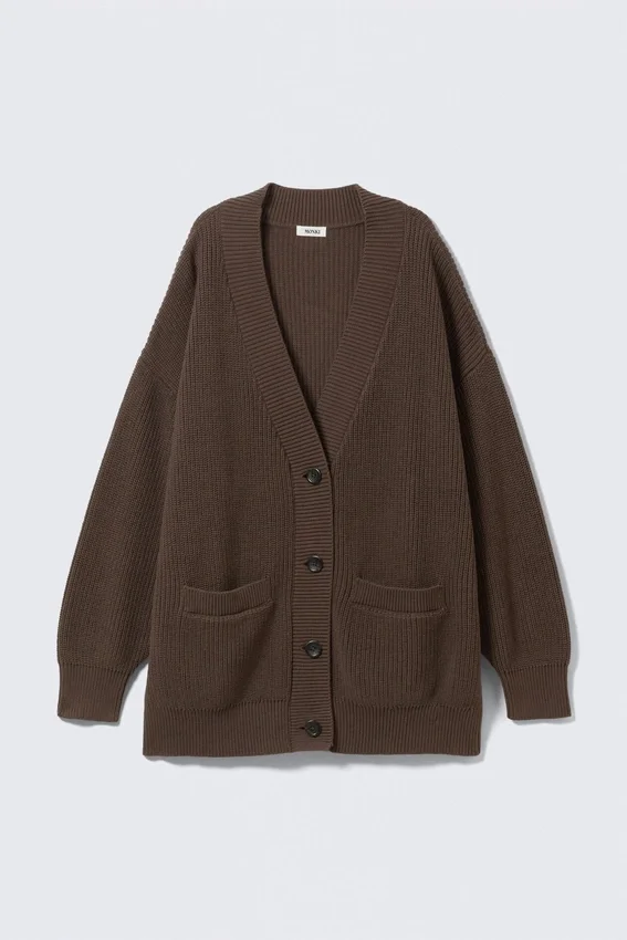 Cárdigan oversize de punto de algodón con cuello en V – Marrón oscuro Cárdigan oversize de punto de algodón con cuello en V – Marrón oscuro