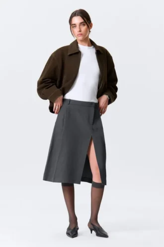 Falda asimétrica de traje en mezcla de lino – Gris oscuro