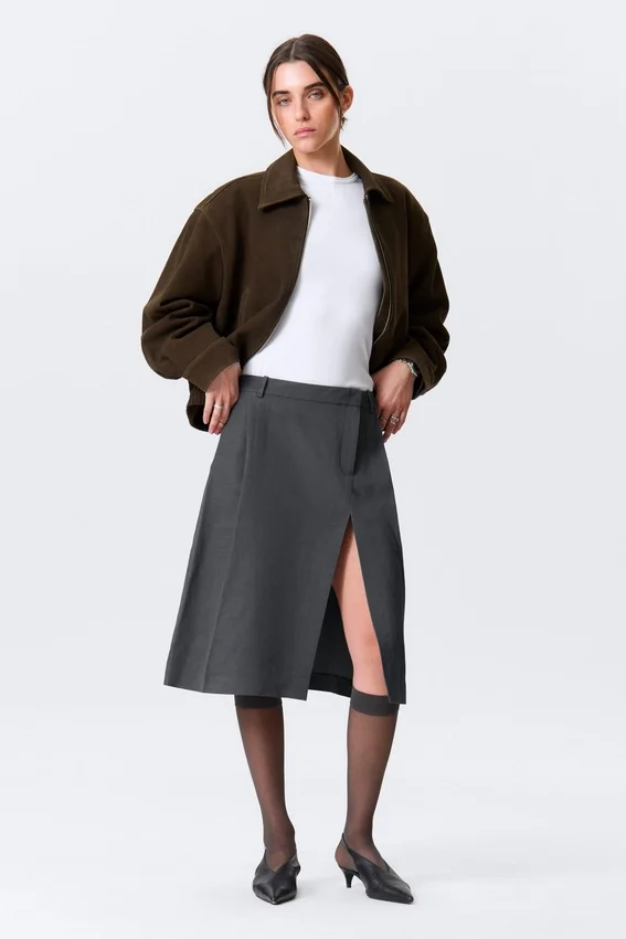 Falda asimétrica de traje en mezcla de lino – Gris oscuro Falda asimétrica de traje en mezcla de lino – Gris oscuro