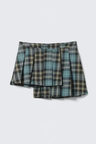 Falda cruzada asimétrica con pliegues – Cuadros verde oscuro apagado