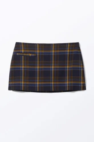Falda de traje mini de cintura baja – Cuadros azul oscuro