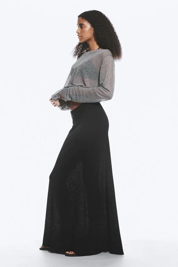 Falda larga de punto de algodón transparente – Negro Falda larga de punto de algodón transparente – Negro