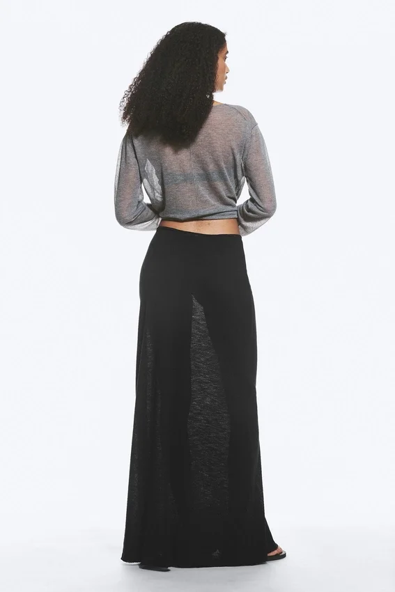 Falda larga de punto de algodón transparente – Negro Falda larga de punto de algodón transparente – Negro