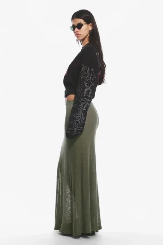Falda larga de punto de algodón transparente – Verde caqui apagado