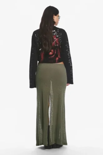 Falda larga de punto de algodón transparente – Verde caqui apagado