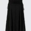 Falda larga drapeada con cordón – Negro Falda larga drapeada con cordón – Negro