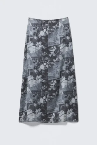 Falda larga estampada de talle bajo – Gris oscuro – Estampado collage Falda larga estampada de talle bajo – Gris oscuro – Estampado collage
