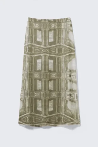 Falda larga estampada de talle bajo – Verde caqui – Collage barroco