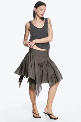 Falda midi asimétrica de algodón – Gris topo oscuro