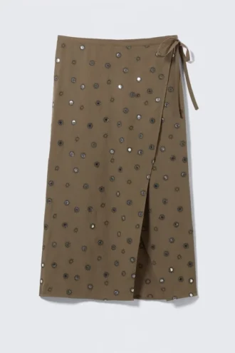 Falda midi cruzada con lentejuelas – Marrón oscuro