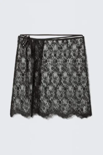 Falda midi cruzada de encaje – Negro
