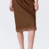 Falda midi de encaje satinado – Marrón oscuro Falda midi de encaje satinado – Marrón oscuro
