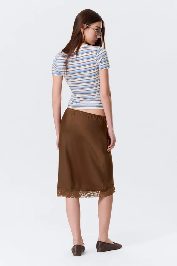 Falda midi de encaje satinado – Marrón oscuro Falda midi de encaje satinado – Marrón oscuro