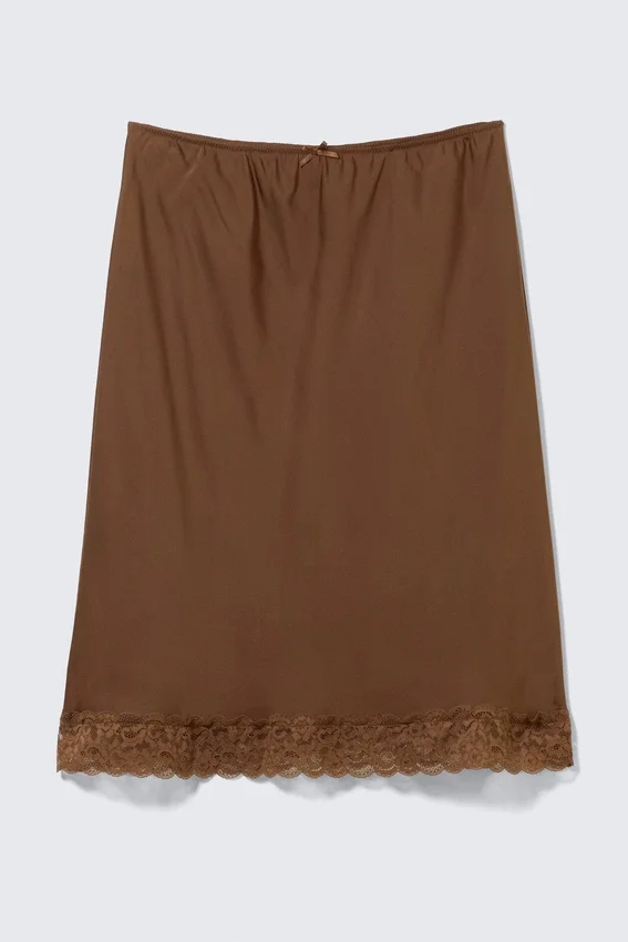 Falda midi de encaje satinado – Marrón oscuro Falda midi de encaje satinado – Marrón oscuro