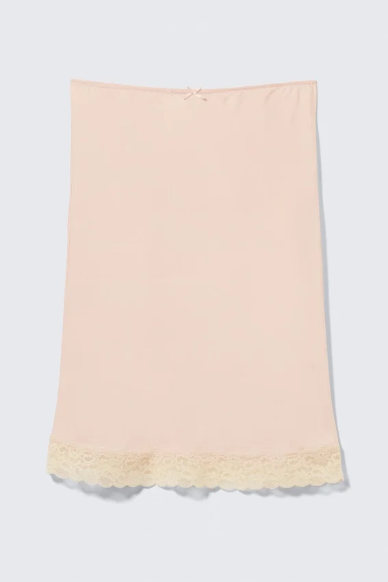 Falda midi de encaje satinado – Rosa empolvado Falda midi de encaje satinado – Rosa empolvado