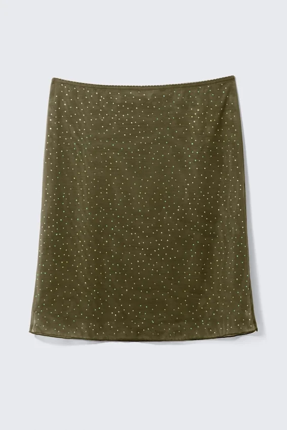 Falda midi de malla con pedrería de Yulia B – Verde caqui – Pedrería Falda midi de malla con pedrería de Yulia B – Verde caqui – Pedrería