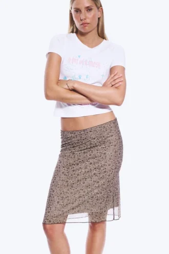 Falda midi de malla en capas – Caqui/Burdeos – Estampado floral