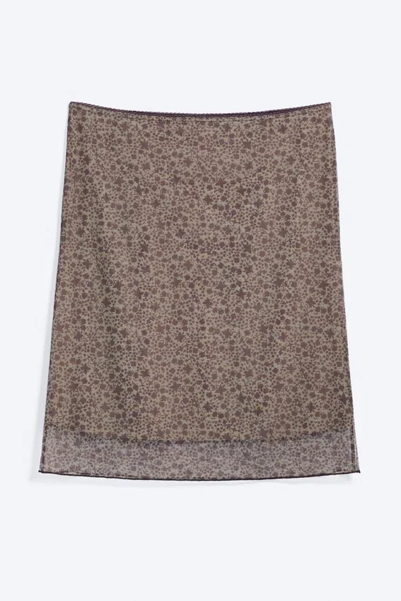 Falda midi de malla en capas – Caqui/Burdeos – Estampado floral Falda midi de malla en capas – Caqui/Burdeos – Estampado floral