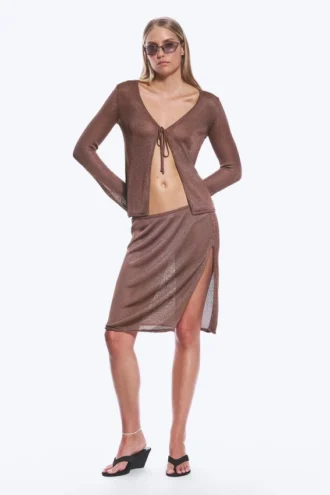 Falda midi de punto de talle medio – Marrón