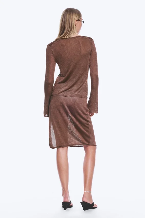 Falda midi de punto de talle medio – Marrón Falda midi de punto de talle medio – Marrón