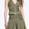 Falda midi de talle medio con lazo en la cintura – Verde caqui
