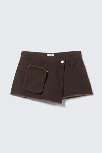 Falda-pantalón cruzada asimétrica de sarga de algodón – Marrón oscuro