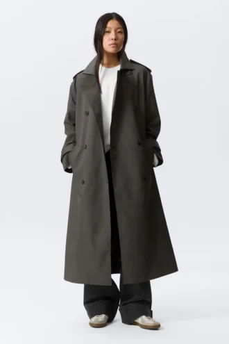 Gabardina oversize de lona con doble botonadura – Gris oscuro