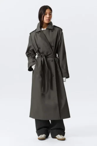 Gabardina oversize de lona con doble botonadura – Gris oscuro