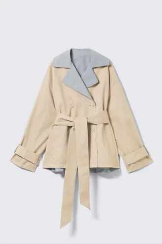 Gabardina reversible corta de doble botonadura – Beige y gris claro