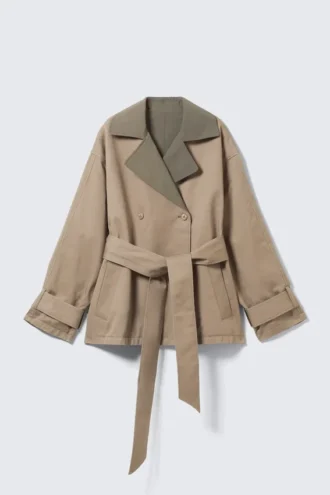 Gabardina reversible corta de doble botonadura – Beige y verde caqui