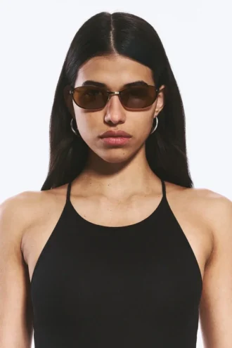Gafas de sol unisex con montura metálica ovalada – Latón – Lentes marrones