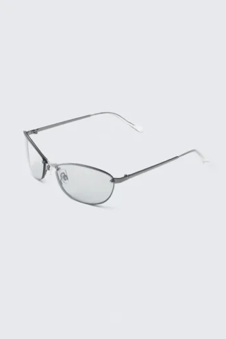 Gafas de sol unisex con montura metálica ovalada – Plata – Lentes con filtro de luz azul