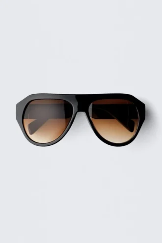 Gafas de sol unisex estilo aviador de montura gruesa – Negras – Lentes marrones