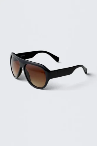 Gafas de sol unisex estilo aviador de montura gruesa – Negras – Lentes marrones