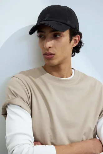 Gorra de béisbol de lona de algodón desgastada – Negra corta