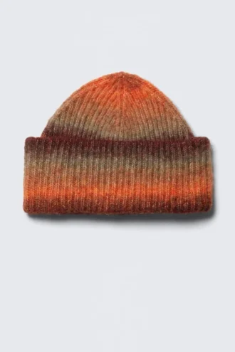 Gorro de punto acanalado con vuelta – Naranja brillante y burdeos