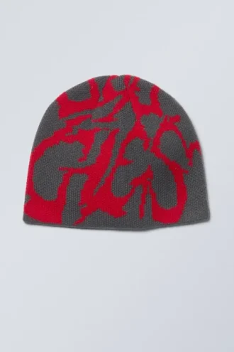 Gorro de punto jacquard – Gris oscuro/Rojo brillante jacquard
