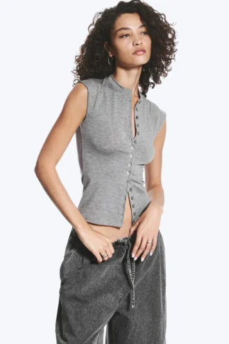 Jersey abotonado con botones de perla – Gris polvoriento jaspeado