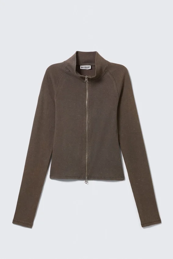 Jersey ajustado de manga larga con cuello alto y cremallera – Gris oscuro lavado Jersey ajustado de manga larga con cuello alto y cremallera – Gris oscuro lavado