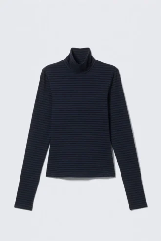 Jersey de cuello alto ajustado a rayas – Azul oscuro a rayas