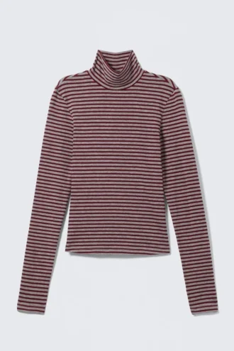 Jersey de cuello alto ajustado a rayas – Rayas grises y rojas