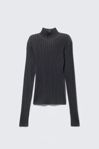 Jersey de cuello alto ajustado acanalado – Rayas azul oscuro