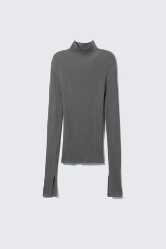 Jersey de cuello alto ajustado de canalé – Rayas gris oscuro jaspeado