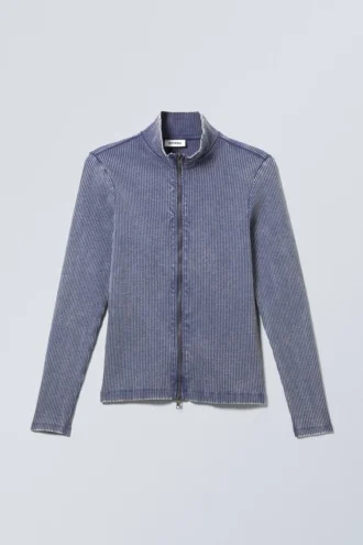 Jersey de cuello alto con cremallera y canalé bicolor Toni – Azul y blanco