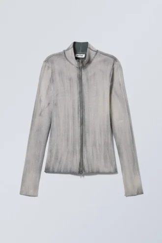 Jersey de cuello alto con cremallera y manga larga Anja – Gris lavado con spray