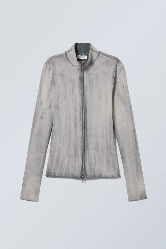 Jersey de cuello alto con cremallera y manga larga Anja – Gris lavado con spray Jersey de cuello alto con cremallera y manga larga Anja – Gris lavado con spray