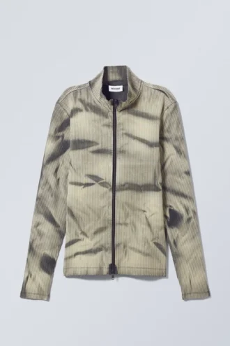 Jersey de cuello alto con cremallera y punto elástico bicolor de Toni – Rayas bicolores en beige y negro