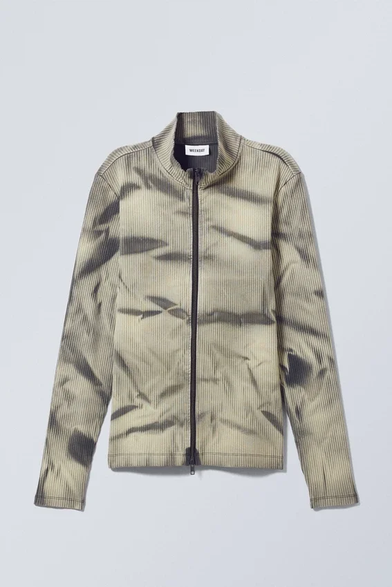 Jersey de cuello alto con cremallera y punto elástico bicolor de Toni – Rayas bicolores en beige y negro Jersey de cuello alto con cremallera y punto elástico bicolor de Toni – Rayas bicolores en beige y negro