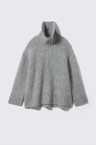 Jersey de cuello alto con media cremallera de punto acanalado – Gris jaspeado
